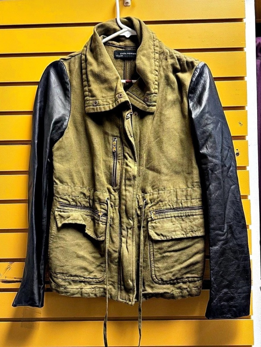 Zara Woman Olive Green Utility Military Jacket Faux Leather Sleeves Small